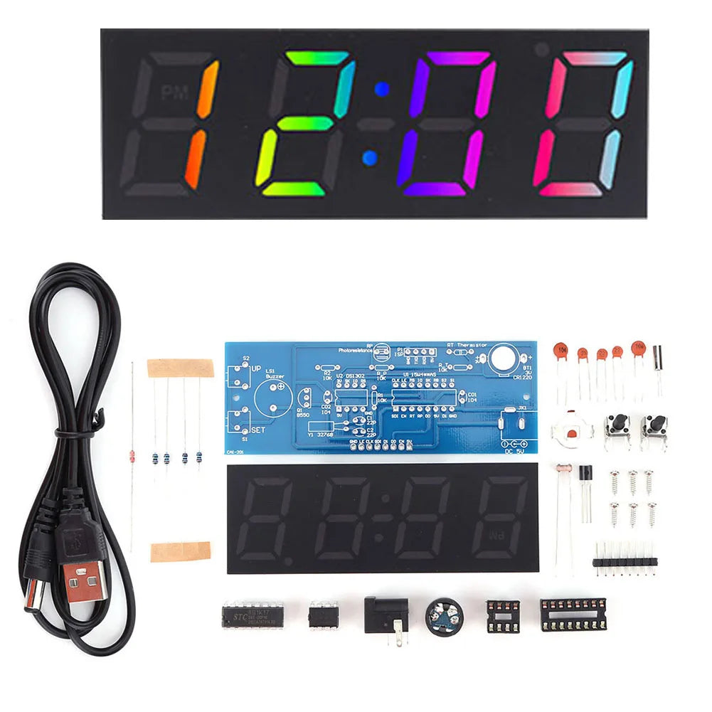 Colorful DIY Digital Clock Kit Display Date Week Temperature Alarm Soldering Project Learning Practice Solder Diy Electronic Kit