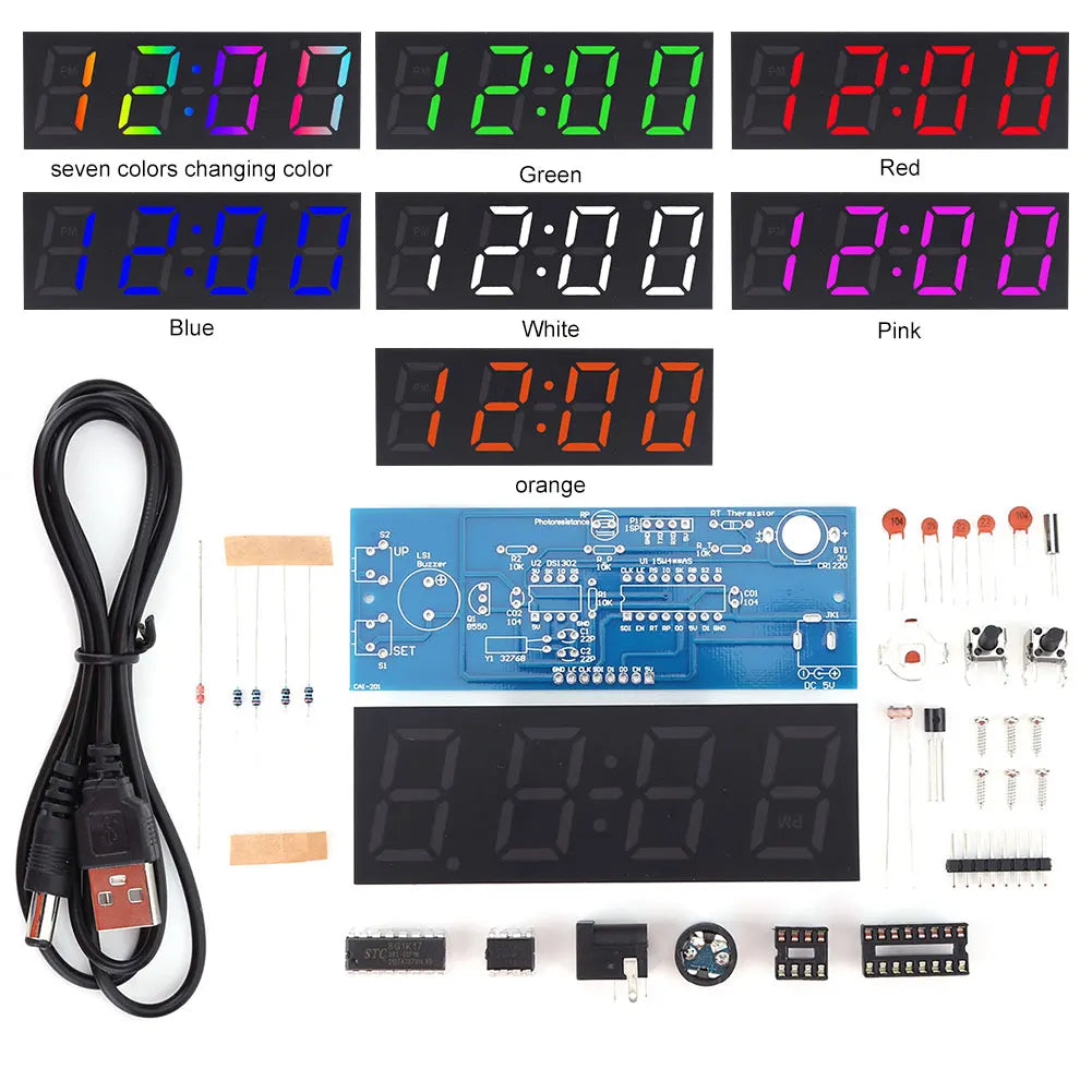 Colorful DIY Digital Clock Kit Display Date Week Temperature Alarm Soldering Project Learning Practice Solder Diy Electronic Kit
